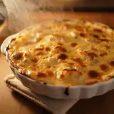 Delicioso bacalao gratinado con alioli, humeante y dorado, listo para servir.