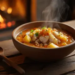 Un reconfortante plato de patatas con bacalao humeante, servido en un cuenco de madera junto a una chimenea encendida.
