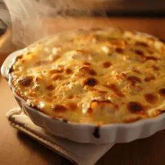 Delicioso bacalao gratinado con alioli, humeante y dorado, listo para servir.