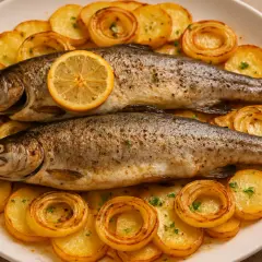 Dos truchas al horno servidas con patatas asadas y rodajas de limón. Un plato principal delicioso y saludable.