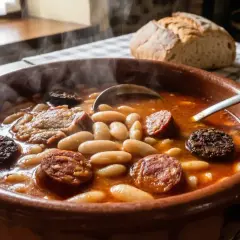Un humeante plato de fabada asturiana, con sus tiernas fabes, chorizo y morcilla, acompañado de pan y sidra.