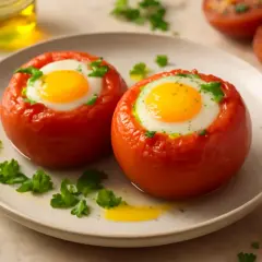 Dos tomates al horno con un huevo dentro, decorados con perejil fresco. Un desayuno saludable y delicioso.