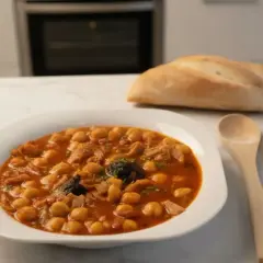 Plato de callos con garbanzos, servido en un cuenco blanco, acompañado de pan y cubiertos de madera.