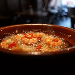 Gambas al ajillo receta: jugosas gambas cocinándose en aceite burbujeante con ajo y guindilla.