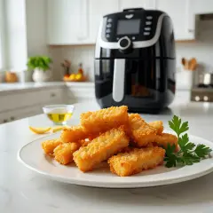 Palitos dorados de bacalao en airfryer, crujientes y listos para disfrutar.