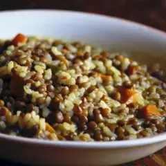 Un plato humeante de lentejas con arroz y trozos de zanahoria, listo para ser disfrutado.