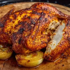 Pollo asado a baja temperatura, dorado y jugoso, servido con cebolla caramelizada sobre tabla de madera.