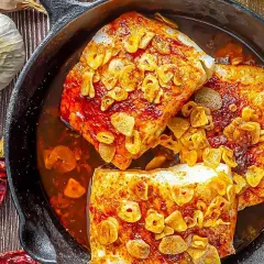 Bacalao ajoarriero en cazuela de hierro fundido, con ajos laminados dorados y guindillas secas.