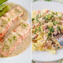 Dos deliciosas recetas con salmón: filetes con salsa cremosa y espárragos, y pasta con trozos de salmón fresco.