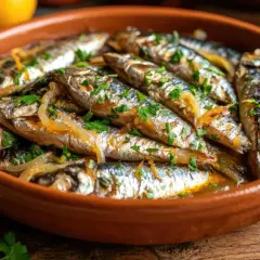 Sardinas en escabeche, un plato tradicional español, servido en una cazuela de barro con cebolla y perejil picado.