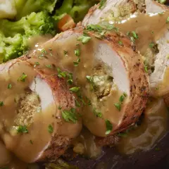 Jugoso solomillo de pollo relleno, bañado en salsa y acompañado de brócoli y zanahoria.