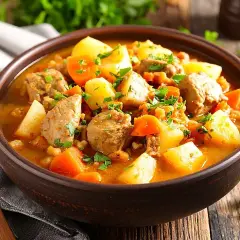Un reconfortante tazón de patatas guisadas con trozos de carne tierna, zanahorias y perejil fresco.