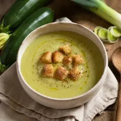 Crema de calabacín servida en un cuenco blanco, adornada con picatostes crujientes y un chorrito de aceite de oliva. Al lado, calabacines frescos y un puerro.