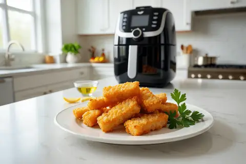 Palitos dorados de bacalao en airfryer, crujientes y listos para disfrutar.