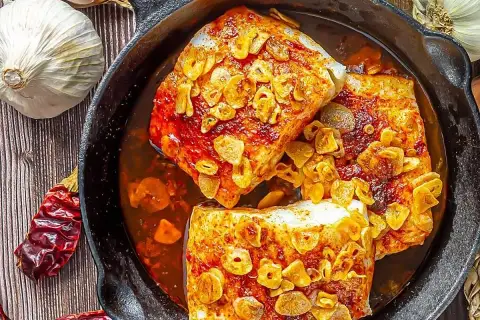 Bacalao ajoarriero en cazuela de hierro fundido, con ajos laminados dorados y guindillas secas.