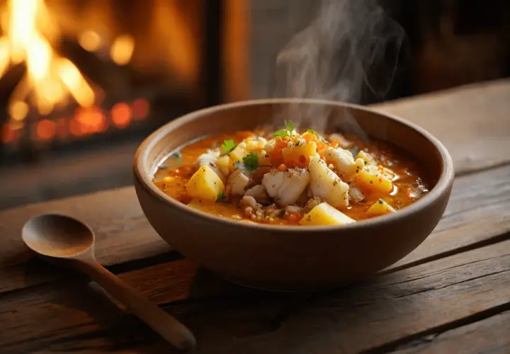 Un reconfortante plato de patatas con bacalao humeante, servido en un cuenco de madera junto a una chimenea encendida.