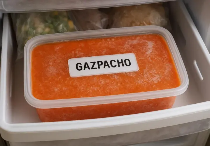 Recipiente con gazpacho congelado en el congelador. ¡Así se puede congelar el gazpacho para disfrutarlo más tarde!