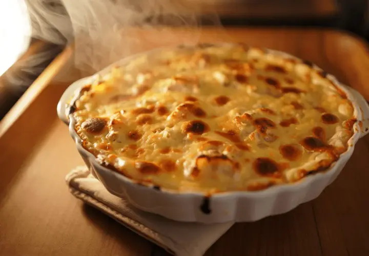 Delicioso bacalao gratinado con alioli, humeante y dorado, listo para servir.