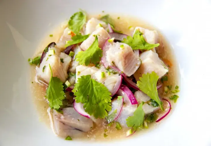 Delicioso ceviche de bonito, con trozos de pescado fresco, cebolla morada, cilantro y un toque cítrico.