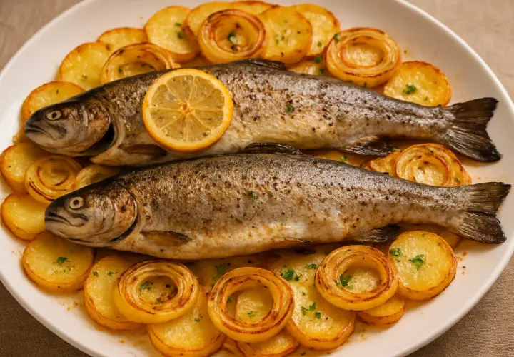Dos truchas al horno servidas con patatas asadas y rodajas de limón. Un plato principal delicioso y saludable.