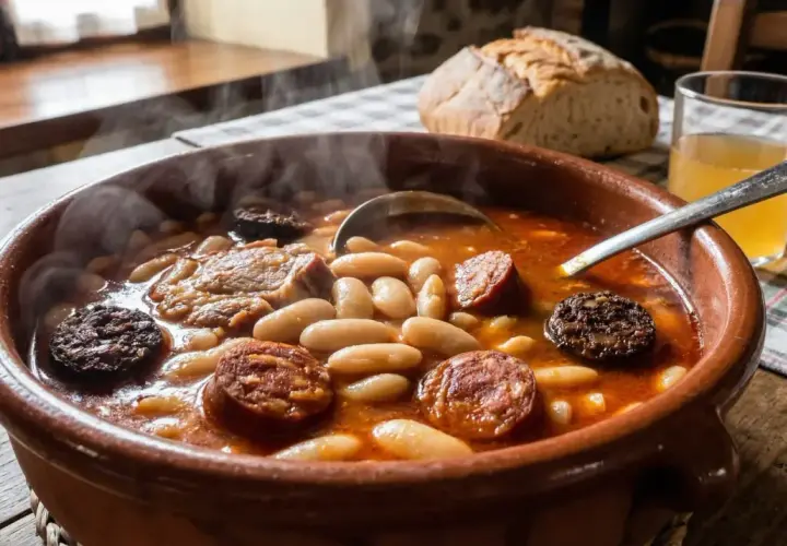 Un humeante plato de fabada asturiana, con sus tiernas fabes, chorizo y morcilla, acompañado de pan y sidra.