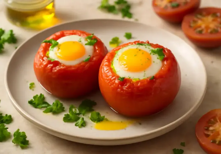 Dos tomates al horno con un huevo dentro, decorados con perejil fresco. Un desayuno saludable y delicioso.
