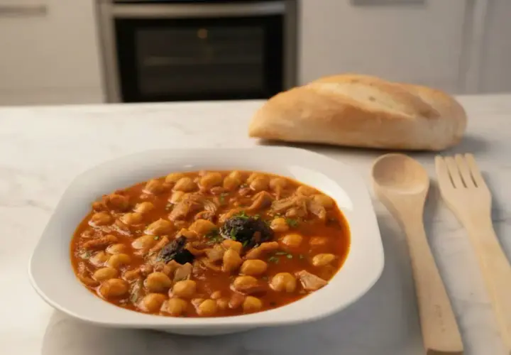 Plato de callos con garbanzos, servido en un cuenco blanco, acompañado de pan y cubiertos de madera.