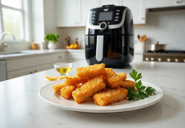 Palitos dorados de bacalao en airfryer, crujientes y listos para disfrutar.