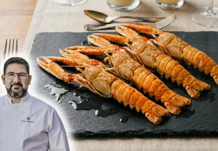 Chef con cigalas a la plancha, un plato exquisito listo para degustar.