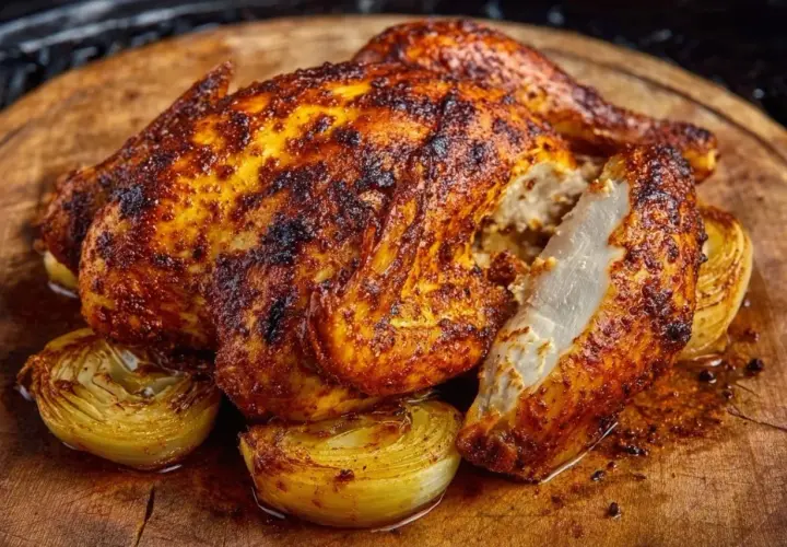 Pollo asado a baja temperatura, dorado y jugoso, servido con cebolla caramelizada sobre tabla de madera.