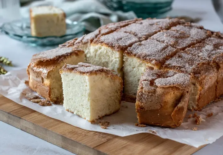 Una deliciosa bica blanca de Laza, esponjosa y cubierta de azúcar y canela, lista para disfrutar.