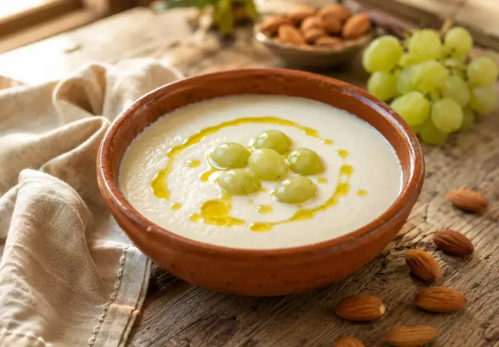 Un refrescante ajo blanco adornado con uvas verdes y un hilo de aceite de oliva, acompañado de almendras.