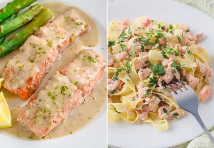 Dos deliciosas recetas con salmón: filetes con salsa cremosa y espárragos, y pasta con trozos de salmón fresco.