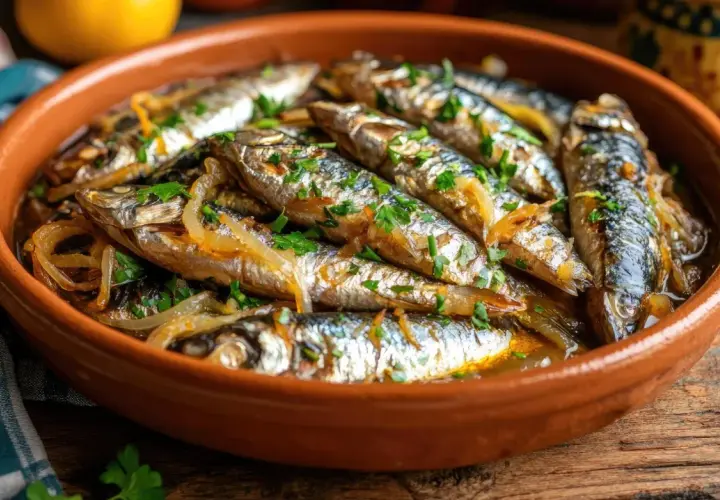 Sardinas en escabeche, un plato tradicional español, servido en una cazuela de barro con cebolla y perejil picado.