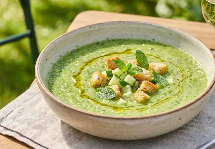 Gazpacho de calabacín refrescante, adornado con cubitos de pepino, picatostes crujientes y hojas de menta.