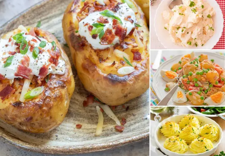 Variedad de recetas con patatas: patatas asadas rellenas, ensalada de patatas y huevos, y duquesas de patata.