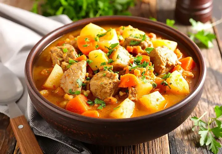 Un reconfortante tazón de patatas guisadas con trozos de carne tierna, zanahorias y perejil fresco.