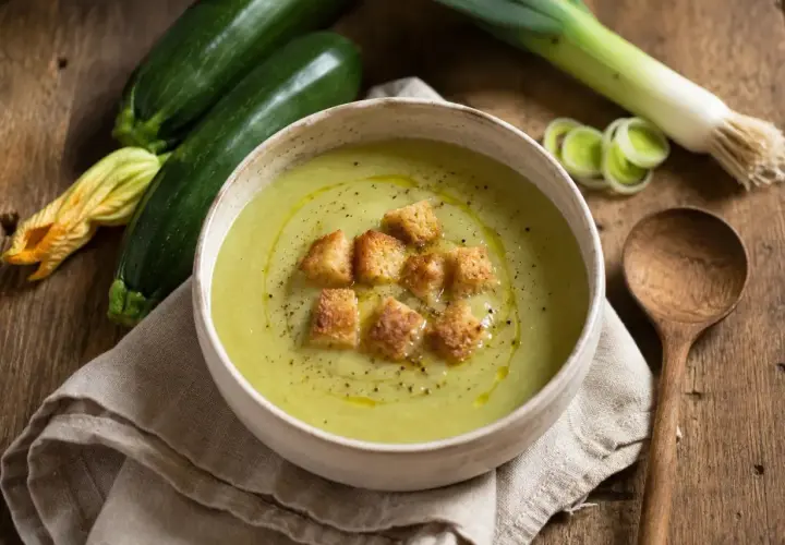 Crema de calabacín servida en un cuenco blanco, adornada con picatostes crujientes y un chorrito de aceite de oliva. Al lado, calabacines frescos y un puerro.