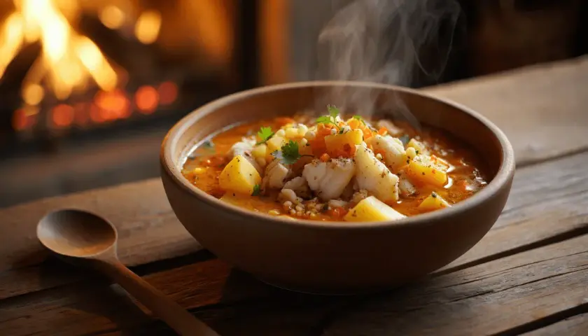 Un reconfortante plato de patatas con bacalao humeante, servido en un cuenco de madera junto a una chimenea encendida.