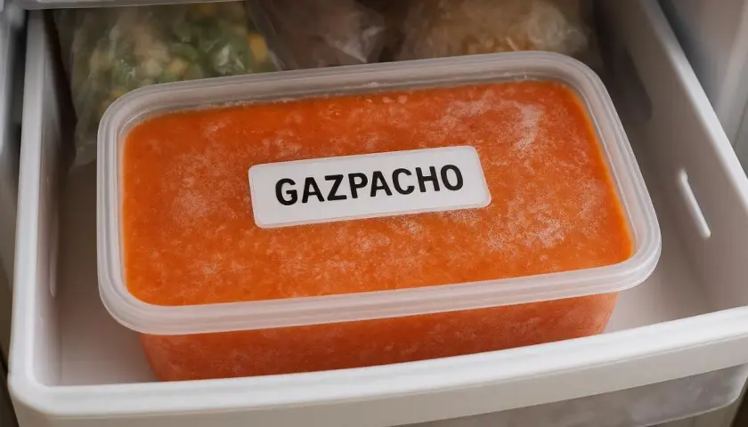 Recipiente con gazpacho congelado en el congelador. ¡Así se puede congelar el gazpacho para disfrutarlo más tarde!