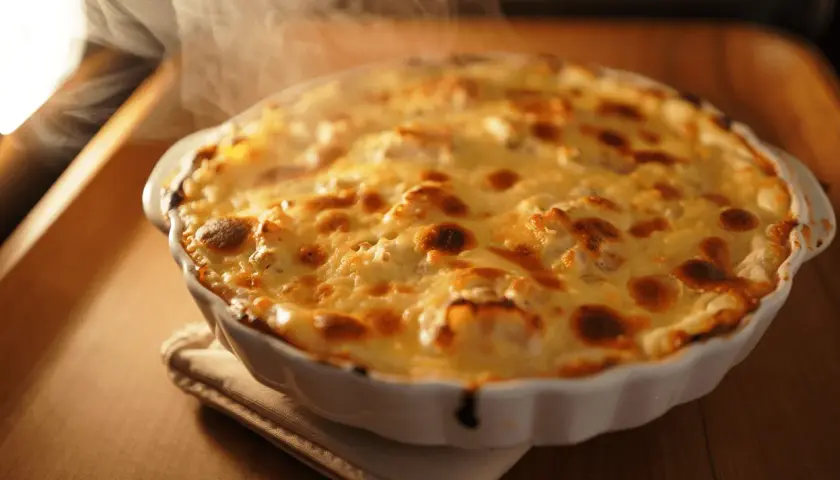 Delicioso bacalao gratinado con alioli, humeante y dorado, listo para servir.