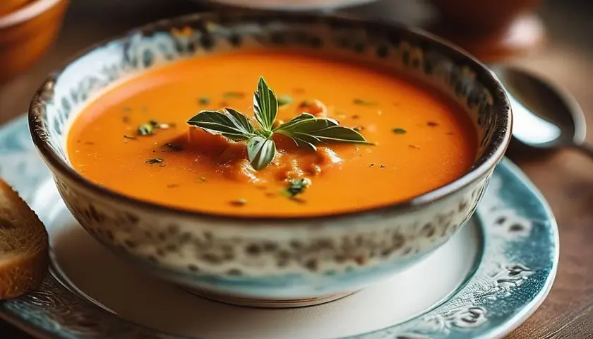 Un cuenco de salmorejo cremoso, decorado con una ramita de albahaca, junto a una rebanada de pan tostado.