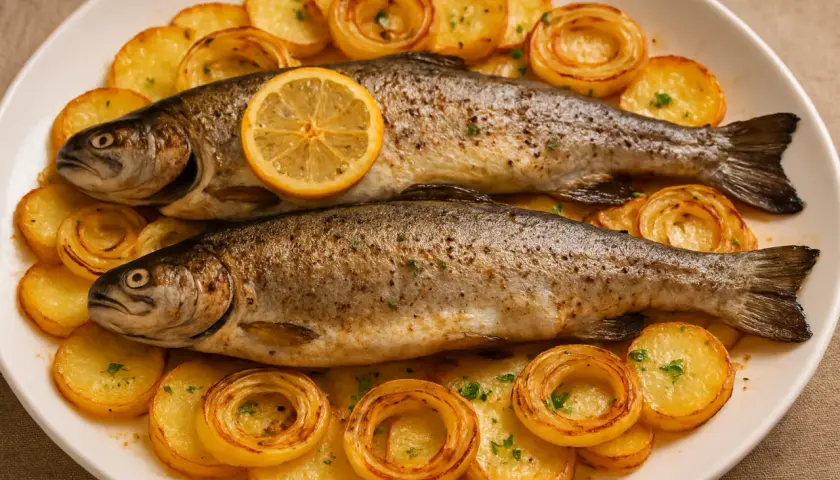 Dos truchas al horno servidas con patatas asadas y rodajas de limón. Un plato principal delicioso y saludable.