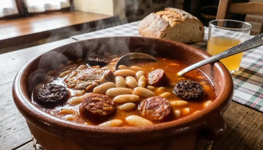 Un humeante plato de fabada asturiana, con sus tiernas fabes, chorizo y morcilla, acompañado de pan y sidra.