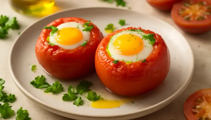 Dos tomates al horno con un huevo dentro, decorados con perejil fresco. Un desayuno saludable y delicioso.
