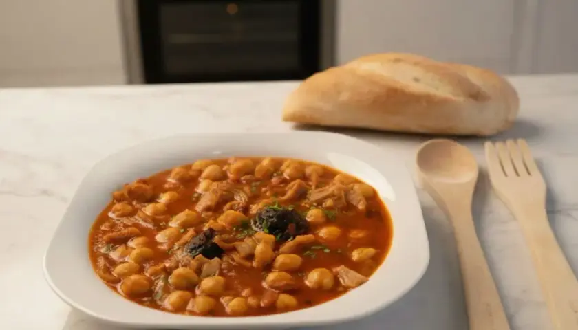 Plato de callos con garbanzos, servido en un cuenco blanco, acompañado de pan y cubiertos de madera.