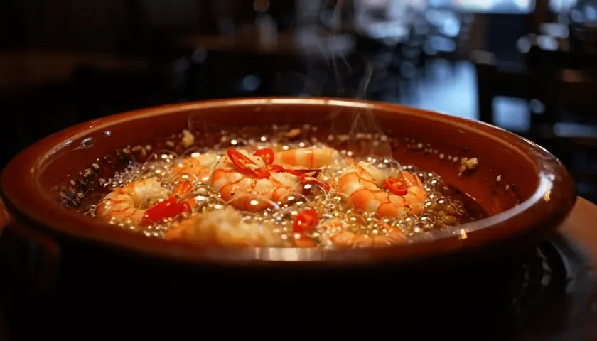 Gambas al ajillo receta: jugosas gambas cocinándose en aceite burbujeante con ajo y guindilla.