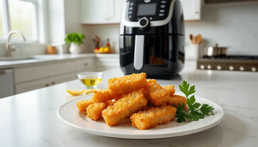 Palitos dorados de bacalao en airfryer, crujientes y listos para disfrutar.