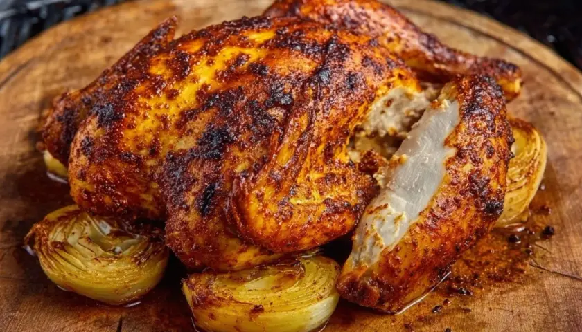Pollo asado a baja temperatura, dorado y jugoso, servido con cebolla caramelizada sobre tabla de madera.