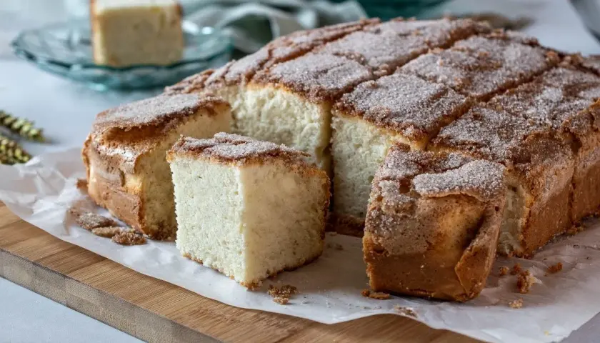 Una deliciosa bica blanca de Laza, esponjosa y cubierta de azúcar y canela, lista para disfrutar.